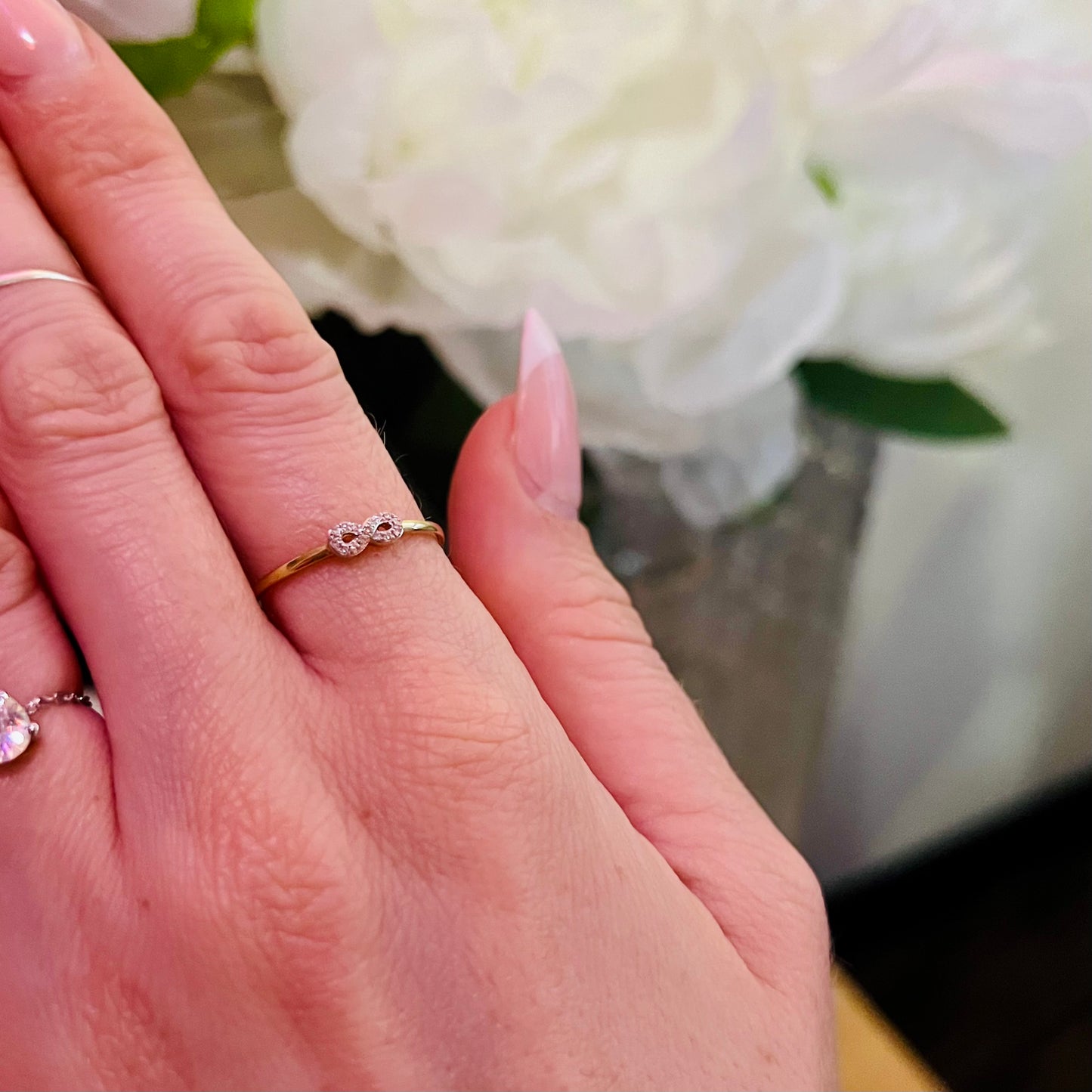 14k Solid White Gold Infinity Ring with Diamonds