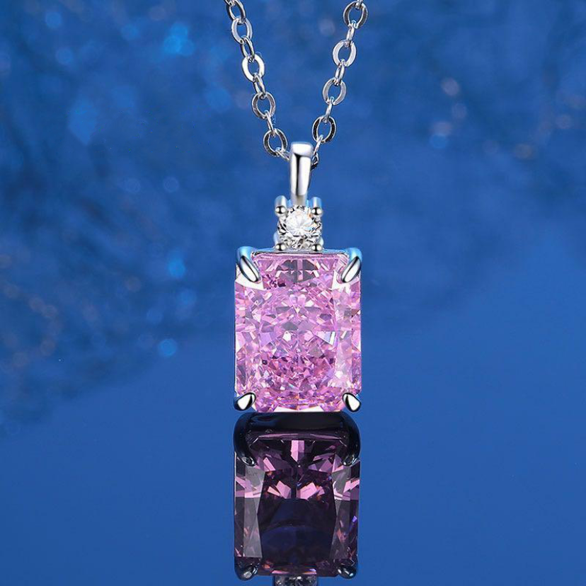 Pink Emerald Cut Sterling Silver Necklace