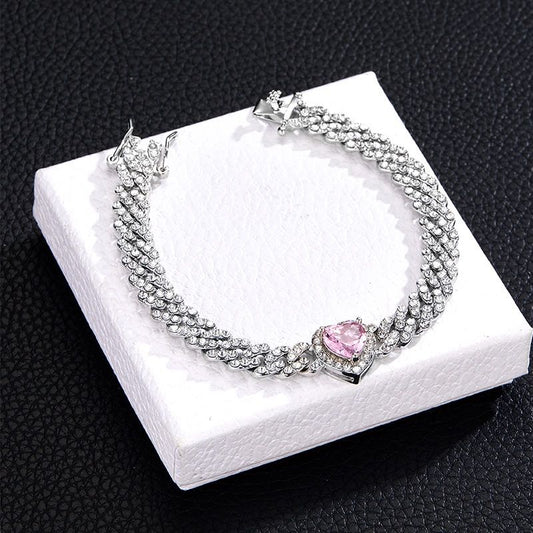 Pink Heart Cubic Zirconia Tennis Bracelet