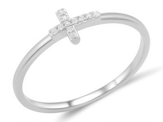 14k Solid White Gold Cross Ring with Diamonds